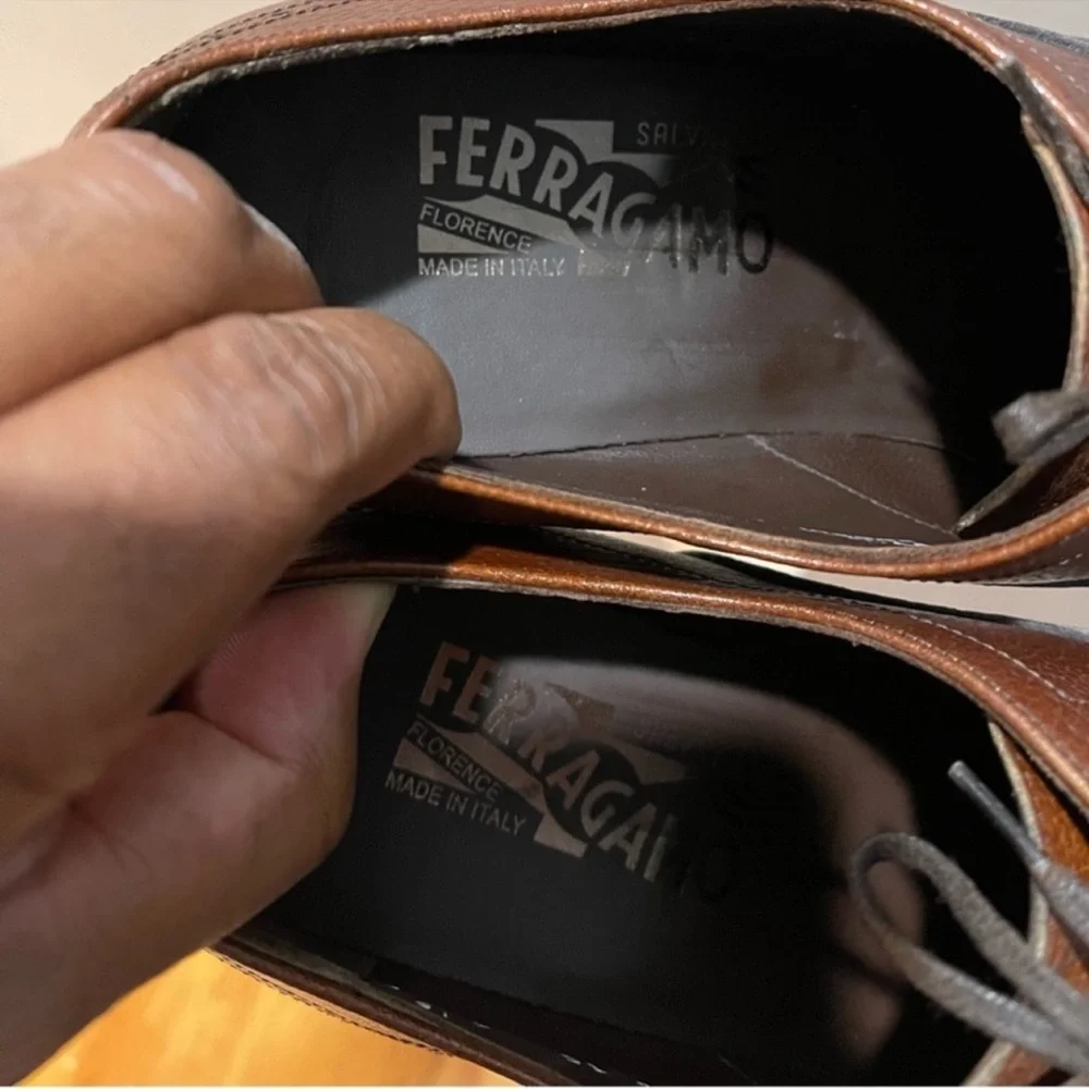 Salvatore Ferragamo Brown Pebble Leather Oxfords Sz 8 - Picture 9 of 12